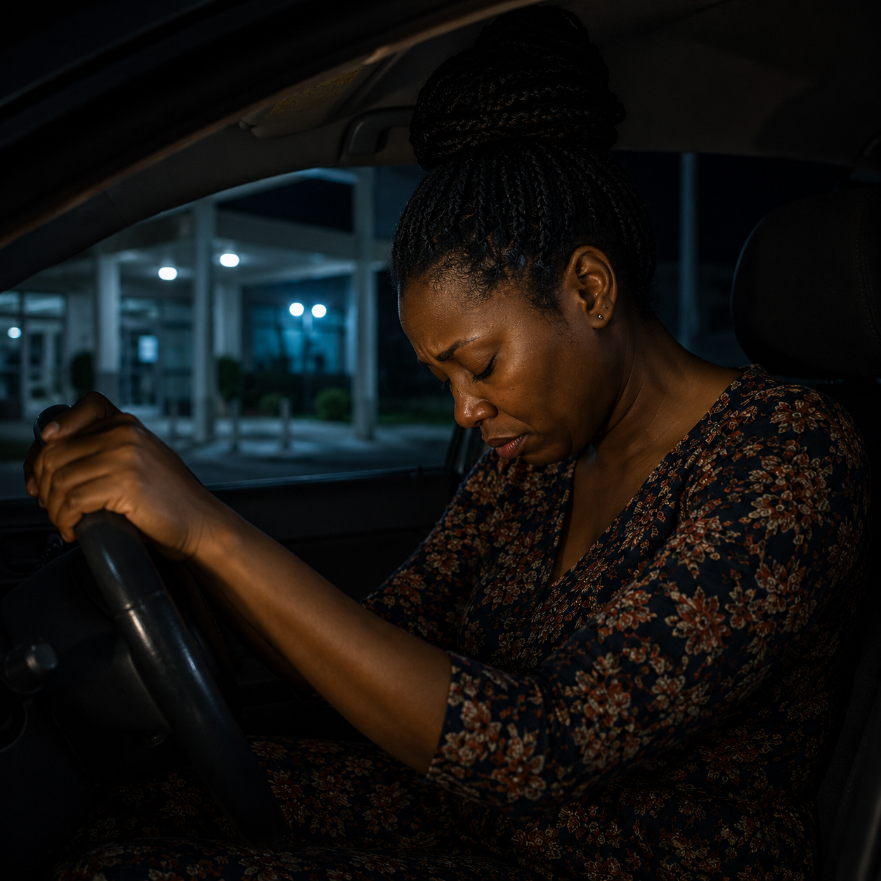 Woman sitting alone in her car outside a hospital, visibly emotional