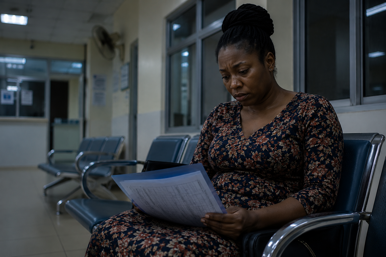 Woman sitting alone in a hospital waiting area, weary, holding test results