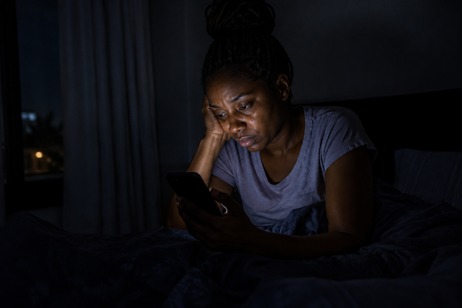 Nigerian adult sitting up in bed at night, wide awake and exhausted